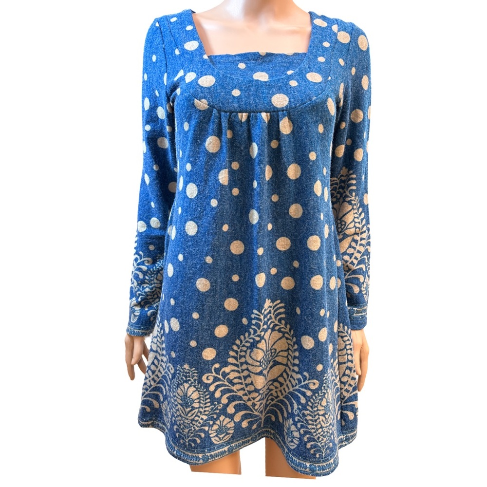 Blue and White Long Sleeve Polka Dot Dress Small